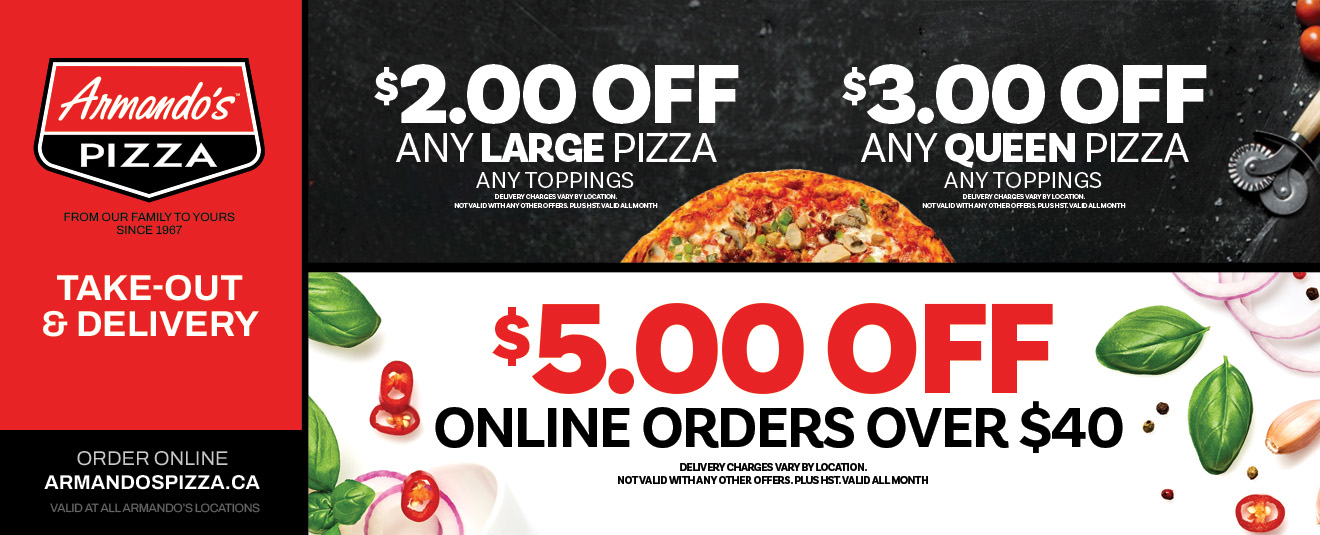 July 2024 Promos - $2 Off any large pizza, $3 off any queen pizza, $5 off any online order over $40