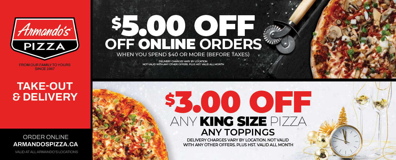 $5 off online orders when you spend $40 or more, $3 off any king size pizza, any toppings