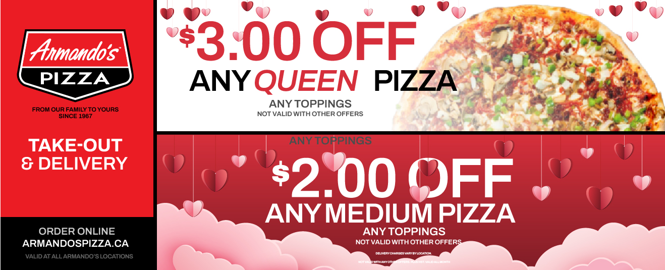 $3 off any queen pizza, $2 off any medium pizza, any toppings